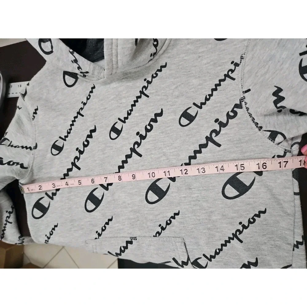 Champion Hoodie Youth Medium Sweatshirt Pullover Gray Black All Over Logo Print